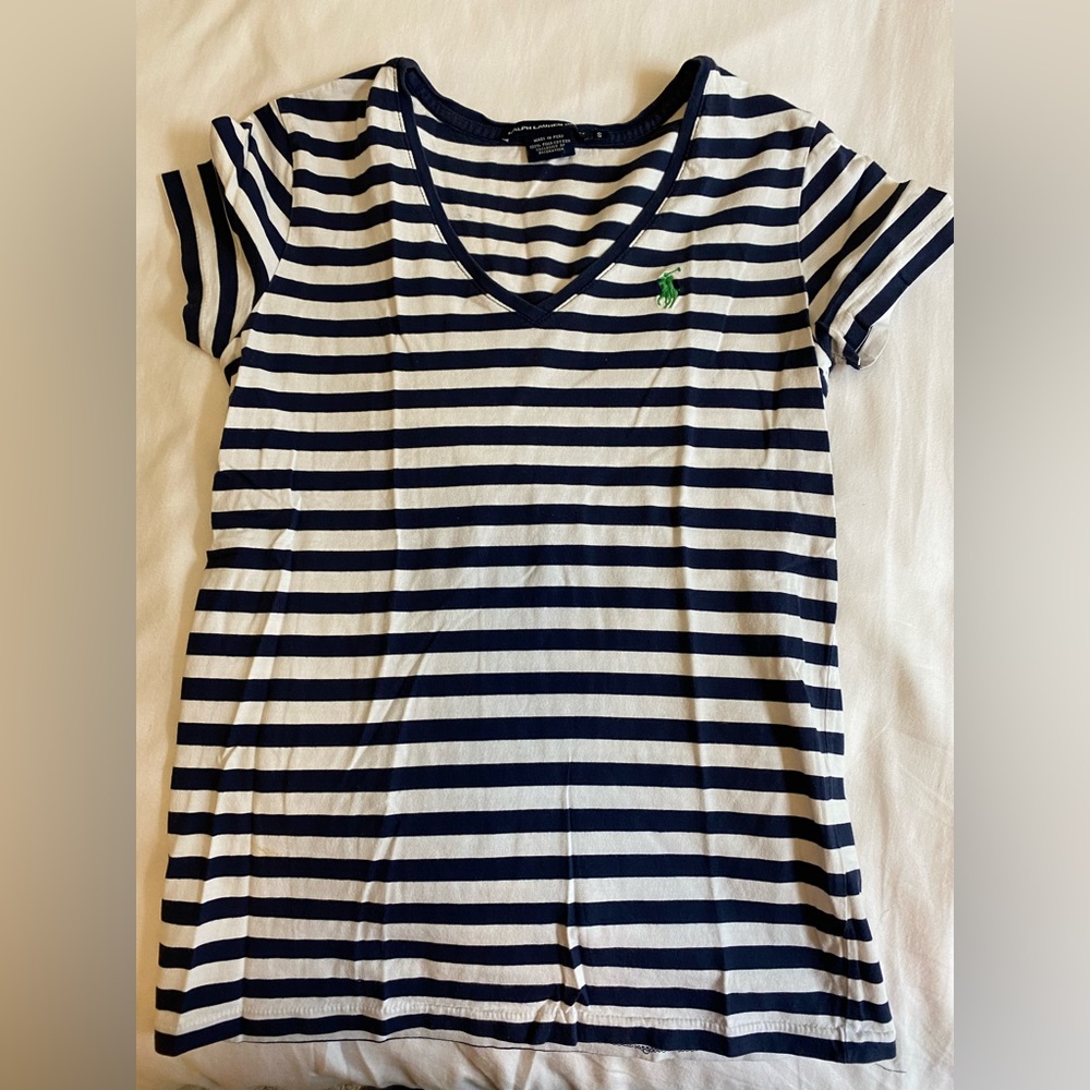 Small Blue and white stripe Ralph Lauren Sport v-neck shirt, like-new t-shirt